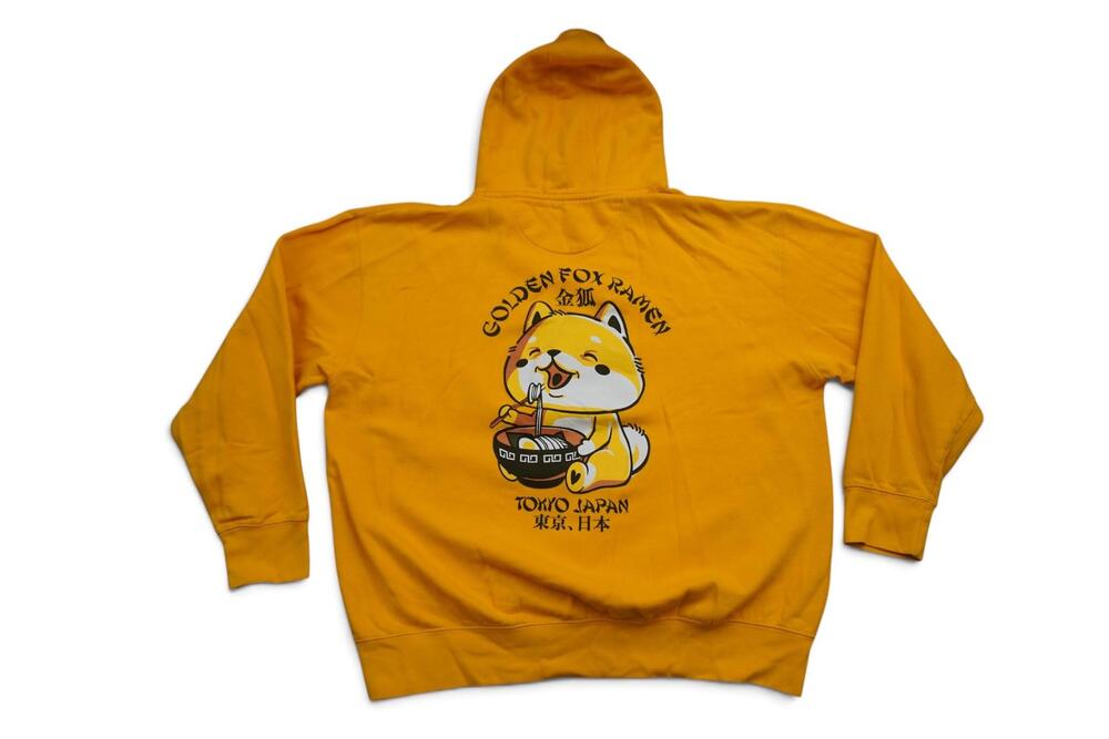 SCW Hoodie Mens XL Yellow Golden Fox Ramen Tokyo Japan Graphic Pullover Anime